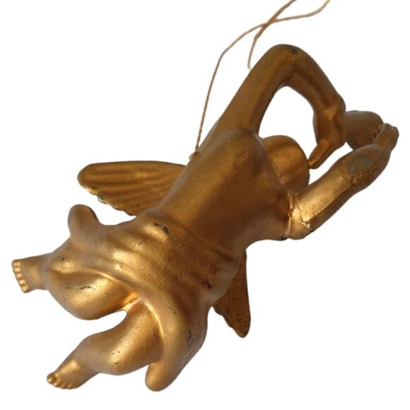 Cherub Angel Christmas Ornament Gold Plastic Vtg 70s WF Winged Trumpet Hong Kong - Picture 5 of 15